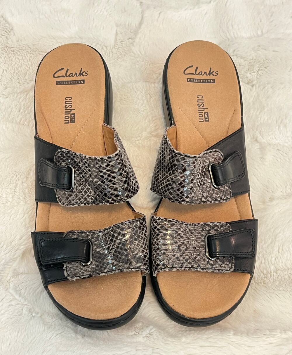 New Clarks Delano Fenela Slide Sandals Womens 7.5 Slip On 2 Strap Snake Skin